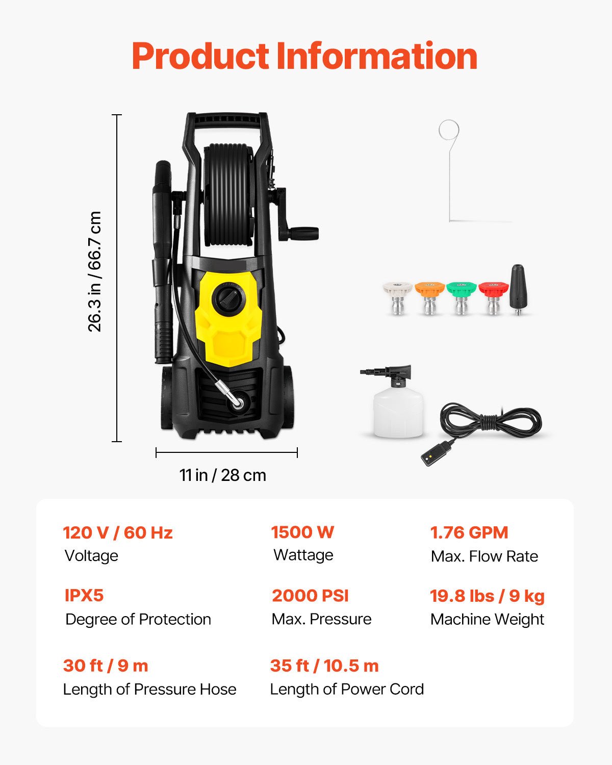 2000 PSI Electric Pressure Washer, 1.76 GPM with 30 ft Hose, Foam Cannon & 5 Spray Nozzles - Daily Wonder Store