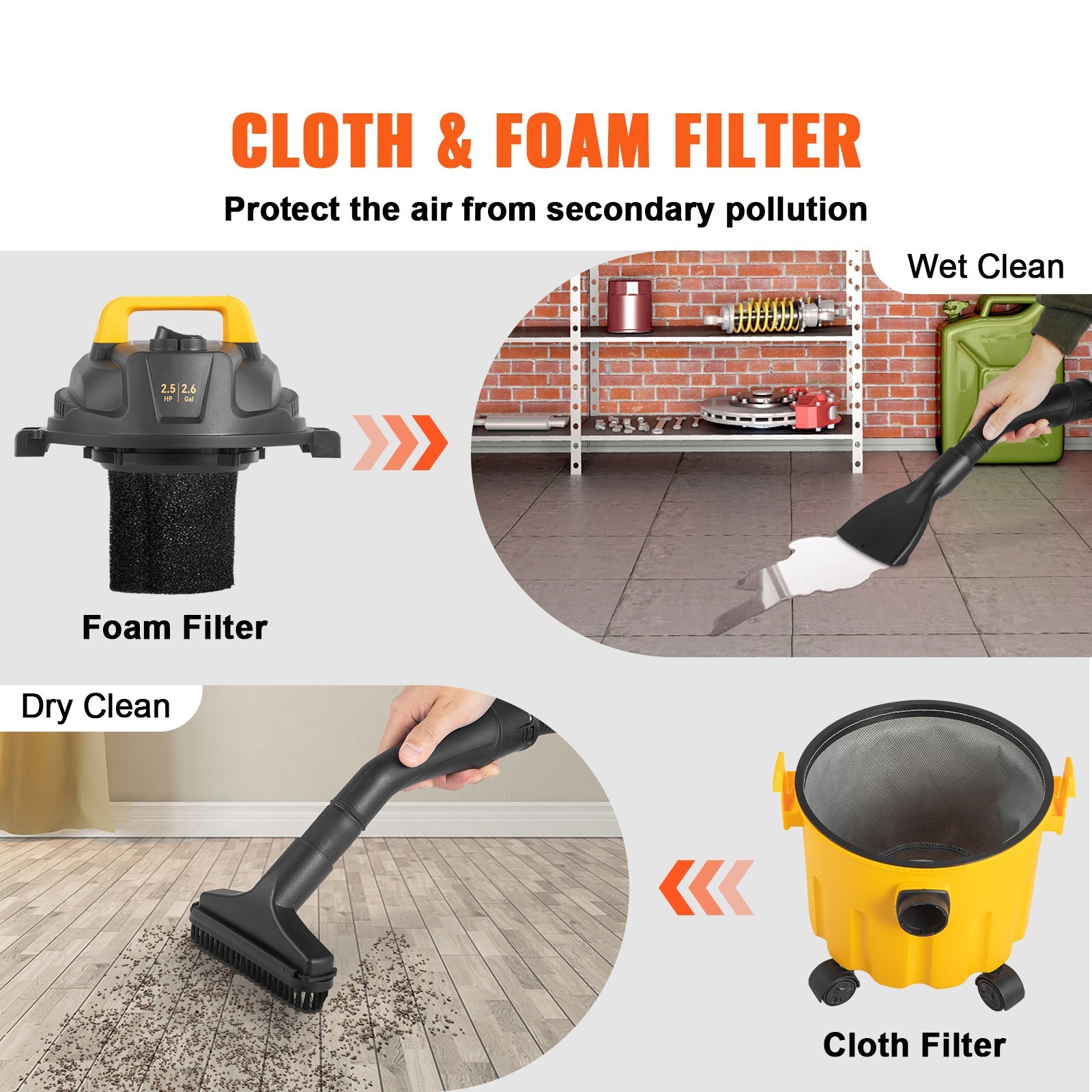 VEVOR Wet Dry Vac, 2.6 Gallon, 2.5 Peak HP, 3 In 1 Shop Vacuum With Blowing Function, Portable With Attachments To Clean Floor, Upholstery, Gap, Car, ETL Listed, Yellow - Daily Wonder Store