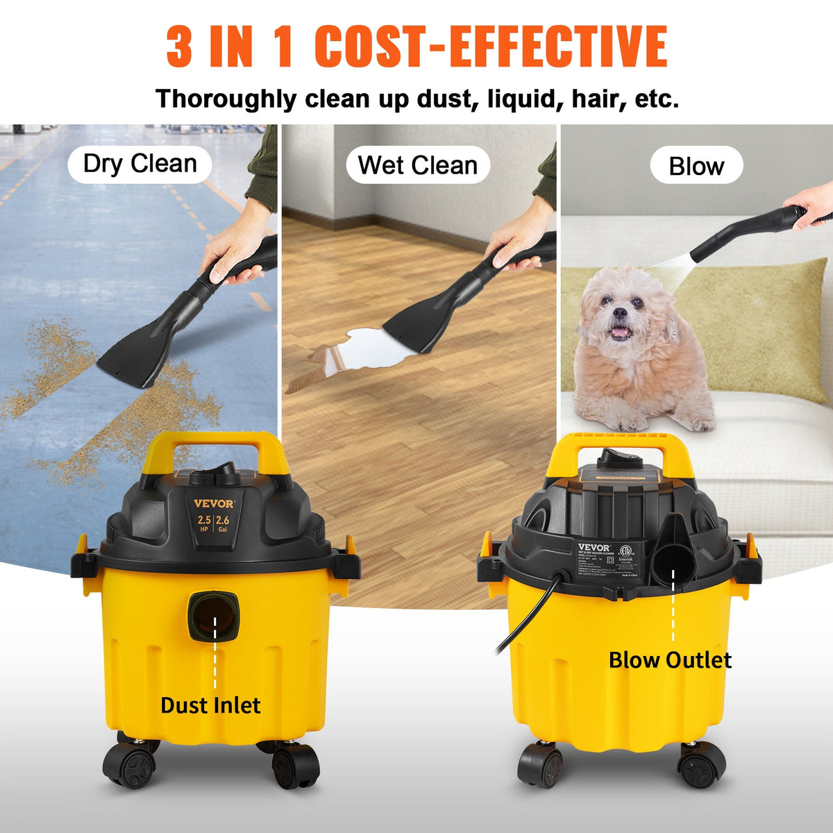 VEVOR Wet Dry Vac, 2.6 Gallon, 2.5 Peak HP, 3 In 1 Shop Vacuum With Blowing Function, Portable With Attachments To Clean Floor, Upholstery, Gap, Car, ETL Listed, Yellow - Daily Wonder Store