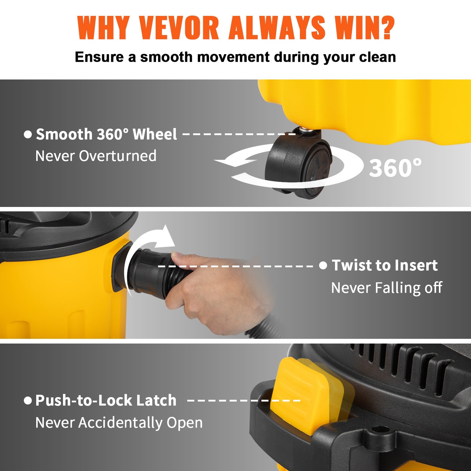VEVOR Wet Dry Vac, 2.6 Gallon, 2.5 Peak HP, 3 In 1 Shop Vacuum With Blowing Function, Portable With Attachments To Clean Floor, Upholstery, Gap, Car, ETL Listed, Yellow - Daily Wonder Store